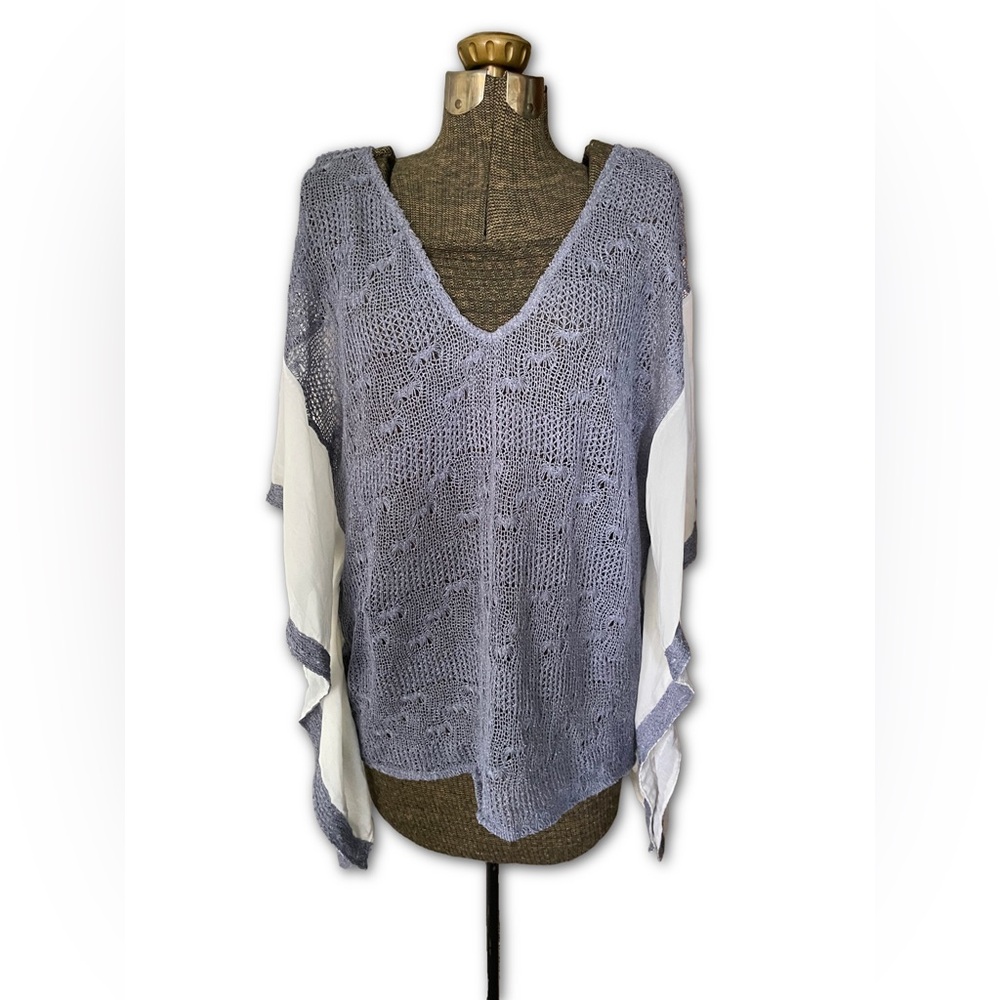 Astars Blue Boho Sheer Crochet Poncho Top Open Knit Coverup Tunic One Size EUC